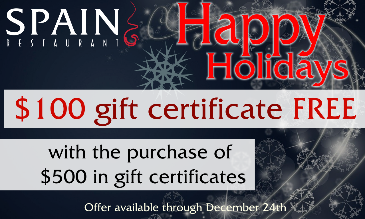 This Holiday season, get a Free $100 gift certificate with the purchase of $500 in gift certificatess